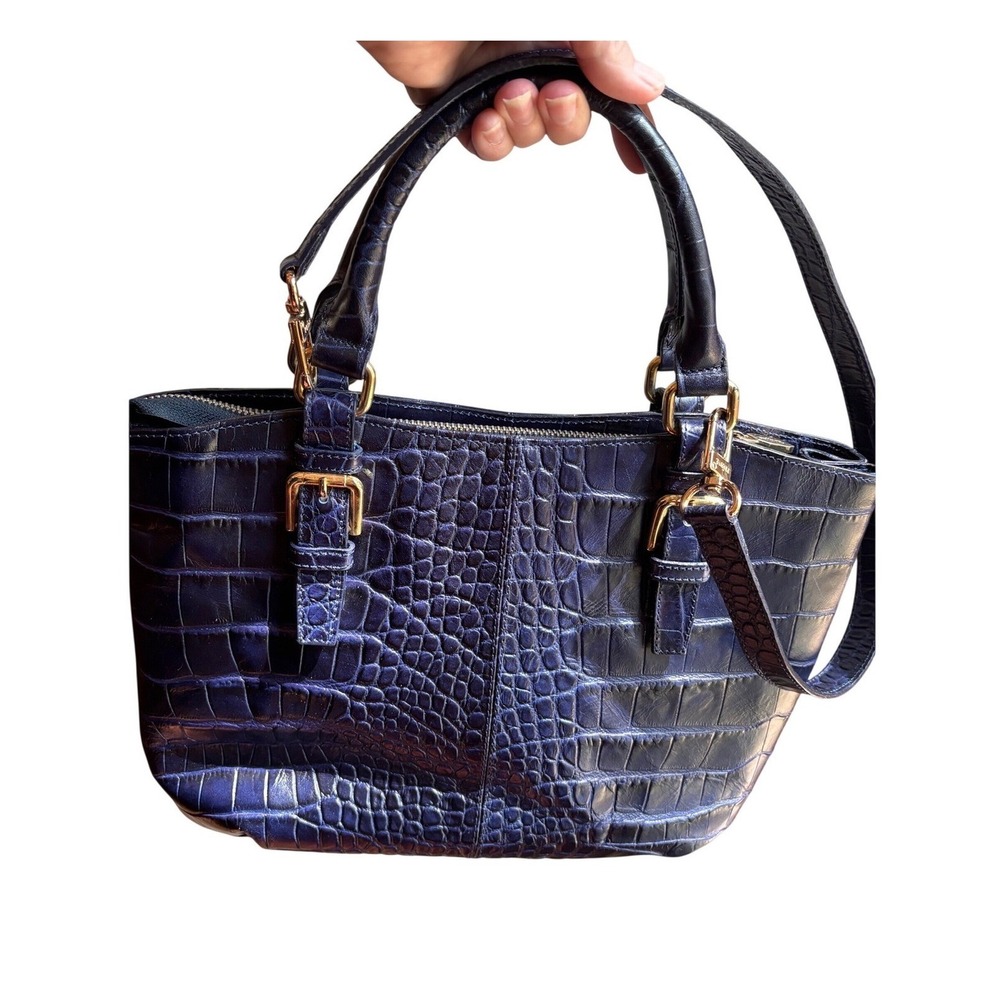 Prüne‎ Navy Blue Croc Embossed Leather Satchel Handbag Gold Hardware 9073